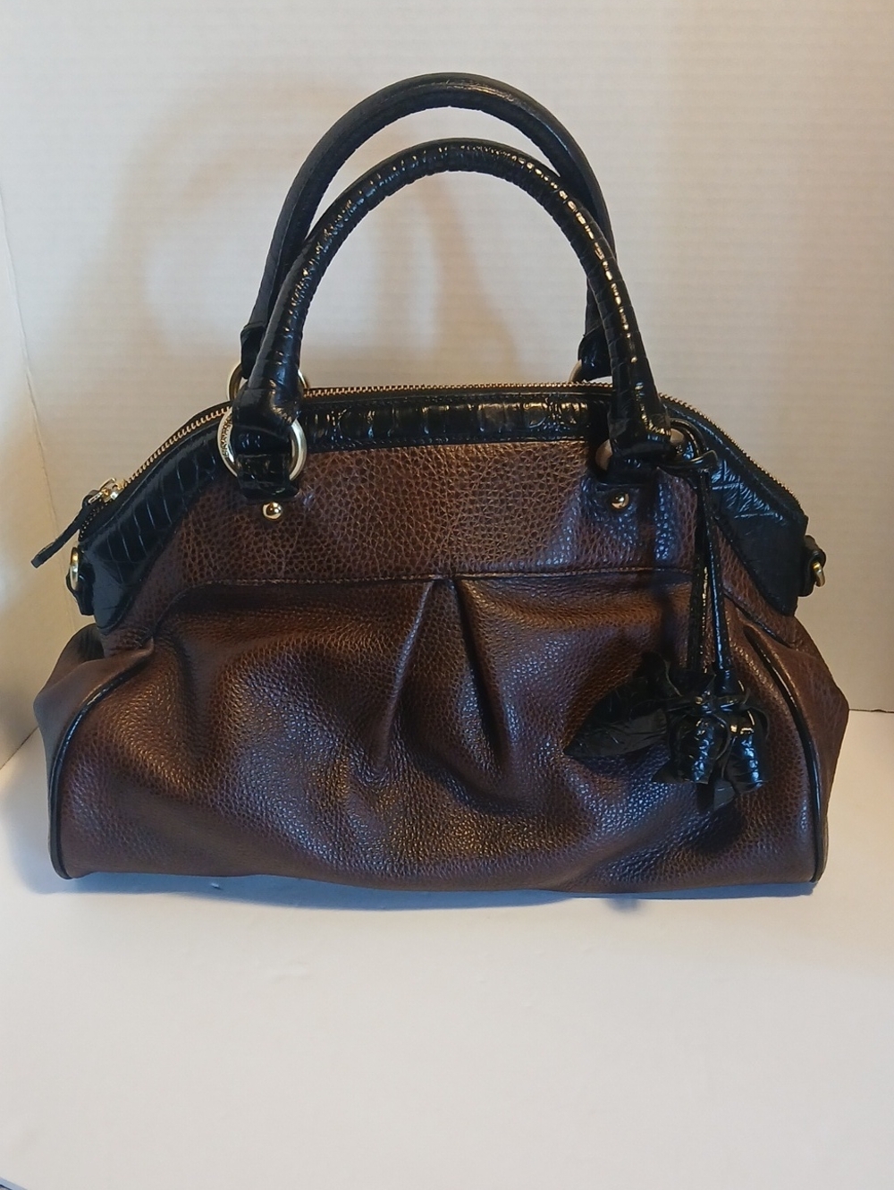 Brahmin Brown Satchel with Black Trim and Handles